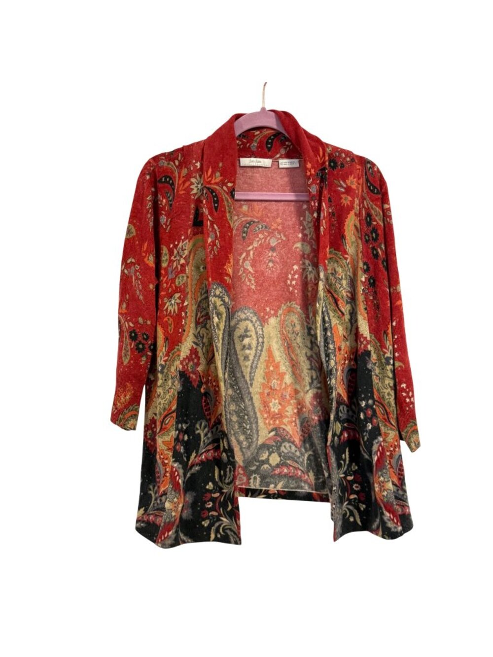 Neiman Marcus Cashmere Collection Red Blue Paisley Open Cardigan Sweater Size L